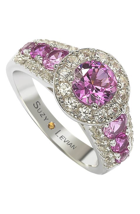 Anillo de compromiso de plata de ley y zafiro rosa