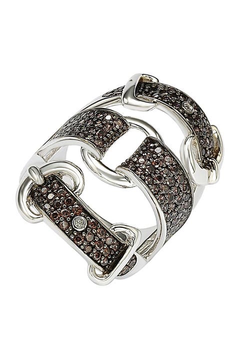 Anillo triple hebilla CZ marrón de plata de ley