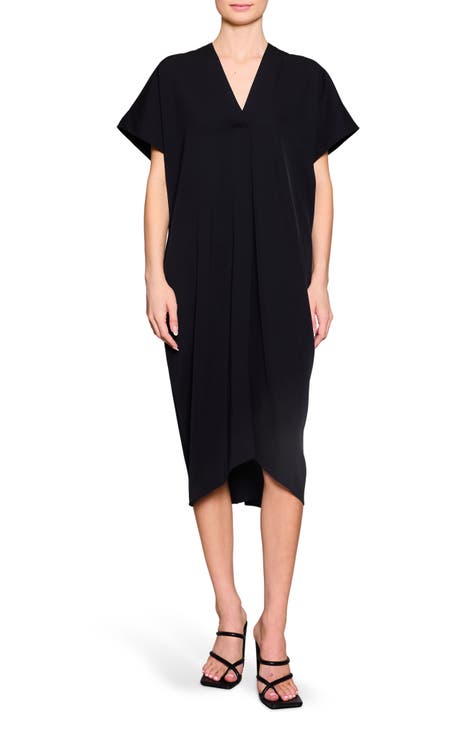 Vestido recto midi drapeado con cuello en V