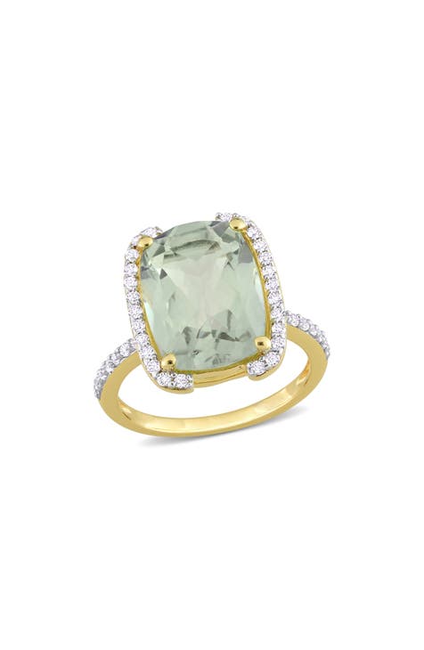 Anillo de cuarzo verde y topacio blanco talla cojín