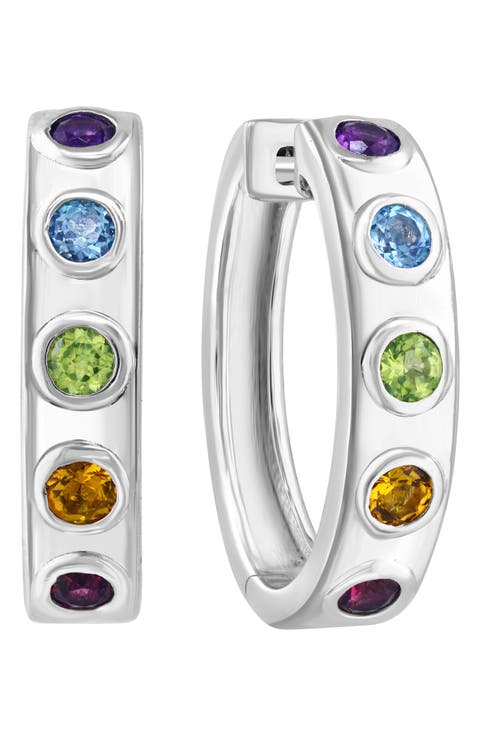 Sterling Silver Multistone Hoop Earrings