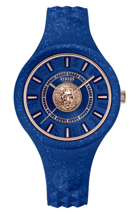 Reloj Versace de mujer Fire Island Lion Glitter Esfera azul Cabeza de león Caja de acero inoxidable Correa de silicona, 39mm