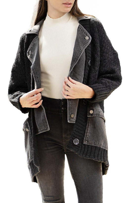 Mixed Media Denim Knit Cardigan