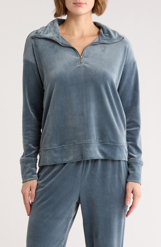 Ribbed Velour Quarter Zip Sweatshirt