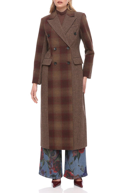 Colorblock Plaid Double Breasted Coat