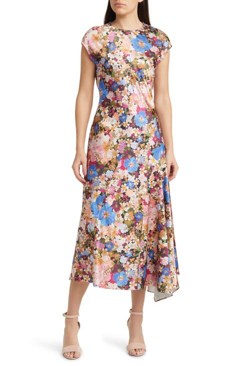 Vestido midi con estampado floral y dobladillo asimétrico de Slanno