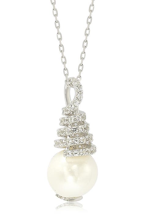 Sterling Silver CZ Pave 10mm Cultured Freshwater Pearl Pendant Necklace