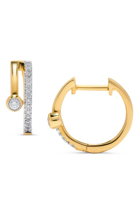 14K Gold Bezel Set Diamond Huggie Hoop Earrings