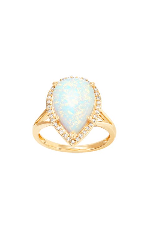 10K Yellow Gold Lab Grown Opal & Diamond Halo Ring