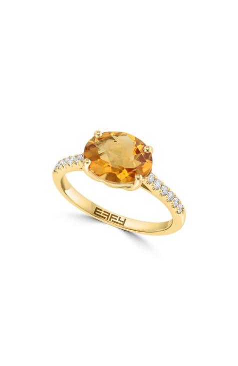 Anillo de Oro Amarillo de 14K con Citrino y Diamante - 0.18ct.