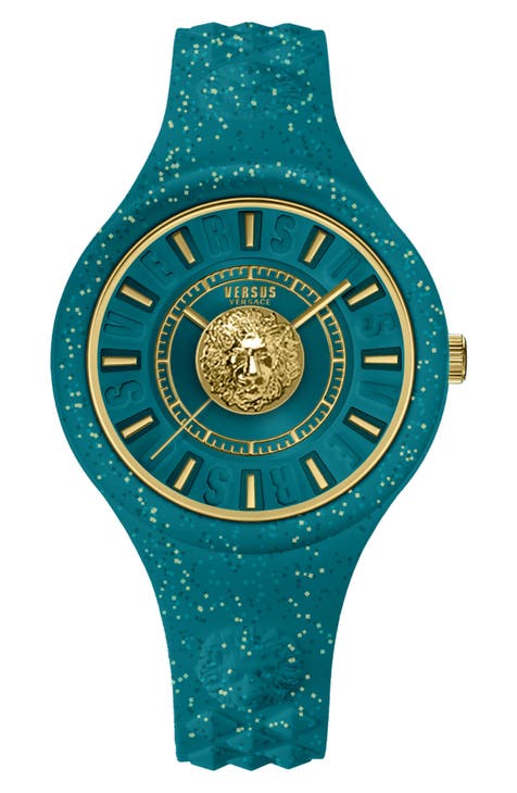 Reloj con correa de silicona Versace Fire Island Lion Glitter Teal Dial, 39 mm, Mujer