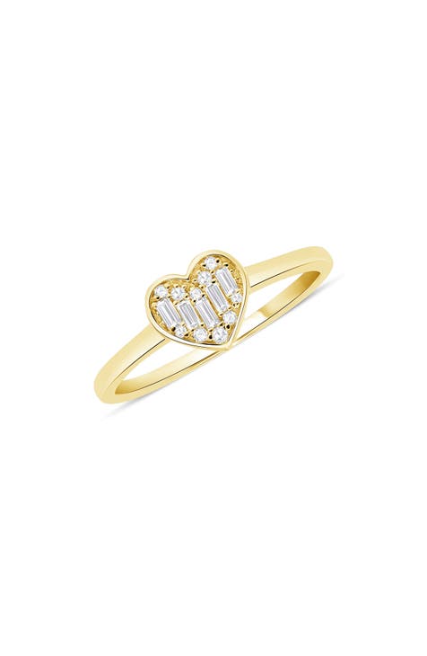 Anillo Corazón Diamante Baguette y Redondo Oro Amarillo 14K - 0.14ct.