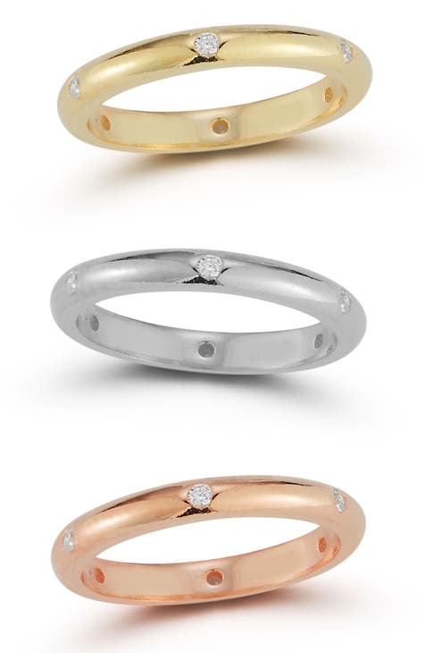 Conjunto de anillos CZ tricolor de plata de ley chapados en oro amarillo y rosa de 14 quilates