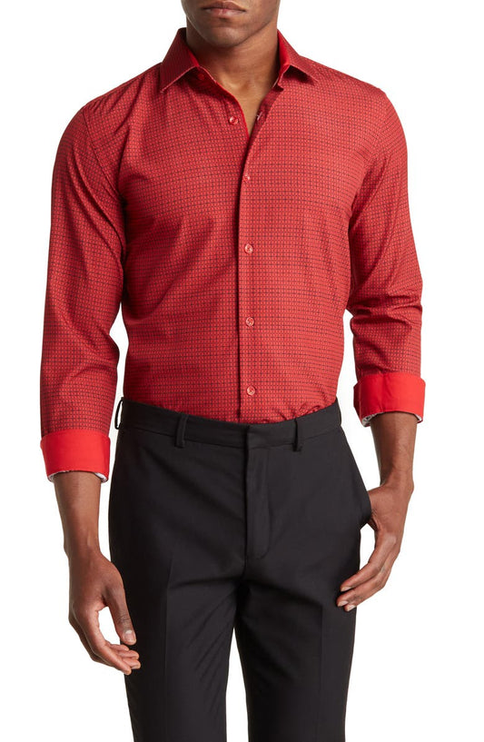 Slim Fit Grid Print Performance Dress Shirt
