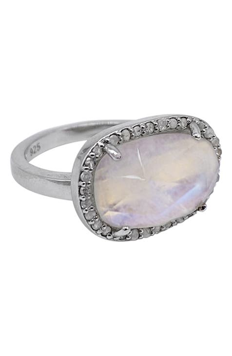 Anillo de plata de ley con diamantes y piedra lunar