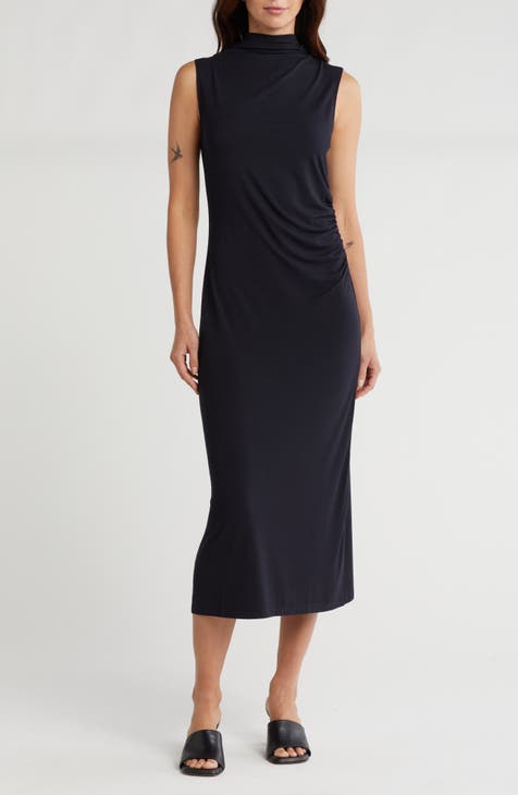 Vestido suéter fruncido sin mangas con cuello alto