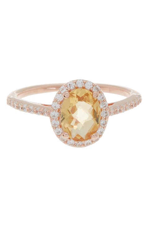 Anillo Halo Ovalado de Citrino y Pavé de Diamantes Simulados