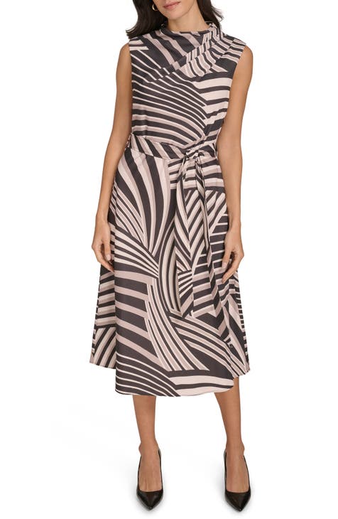 Vestido midi de satén con cuello vuelto y rayas