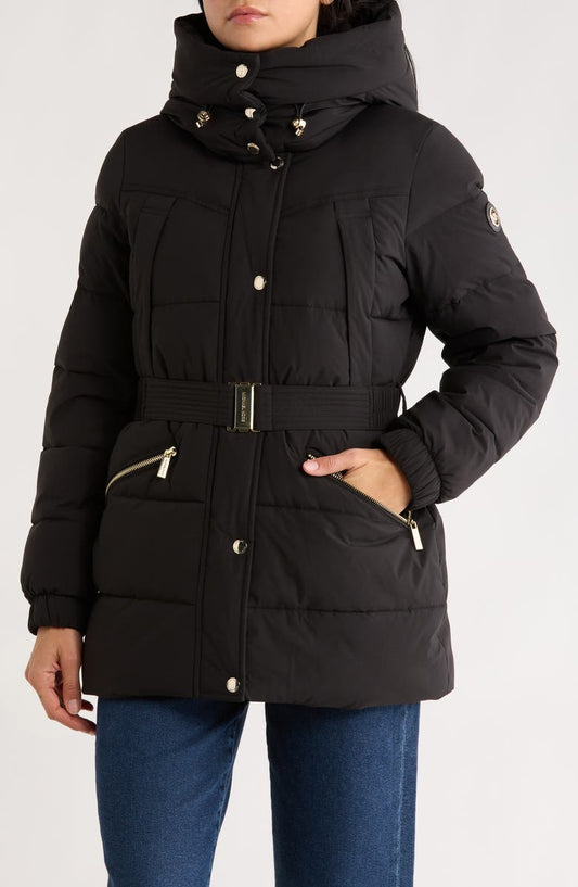Belted Channel Quilted Hooded Puffer Coat