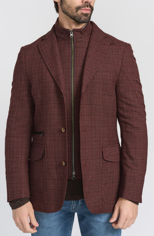 Burgundy Plaid Stretch Wool Hybrid Sport Coat with Removable Bib