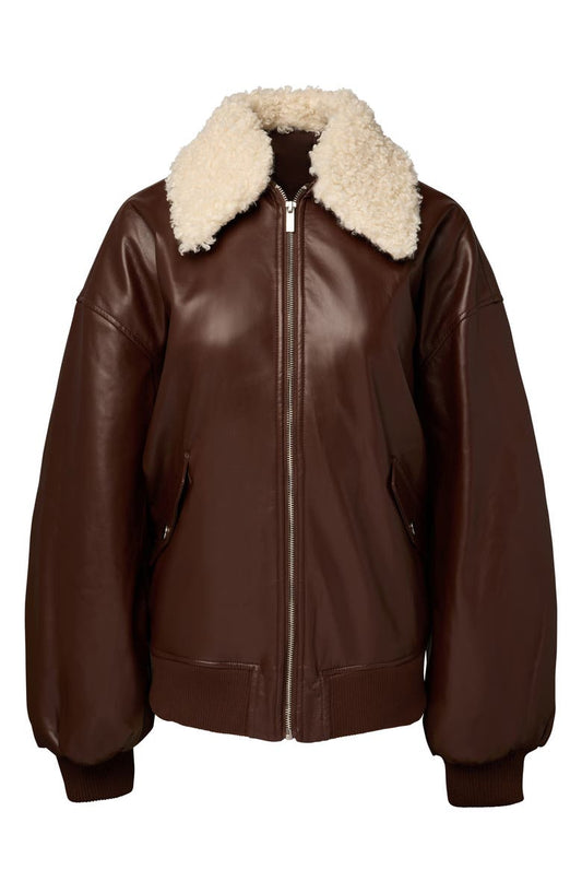 Faux Leather Bomber Jacket with Faux Shearling Collar