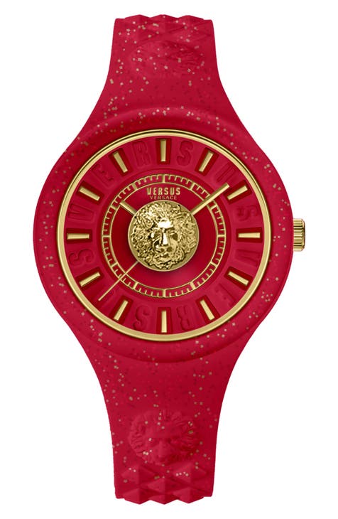 Reloj Versace Mujer Fire Island Lion Glitter Esfera Roja Cabeza de León Caja de Acero Inoxidable Correa de Silicona, 39mm