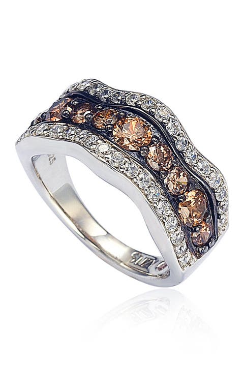 Anillo Onda de Circonita Blanca y Marrón de Plata de Ley