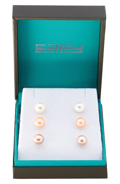 Set of 3 Sterling Silver 8mm Multicolor Freshwater Pearl Stud Earrings