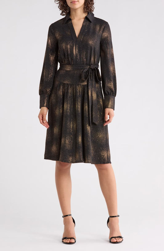 Long Sleeve Foil Dot Chiffon Dress