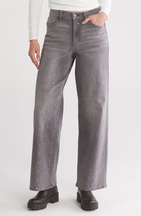 Jeans anchos de cintura alta con tachuelas