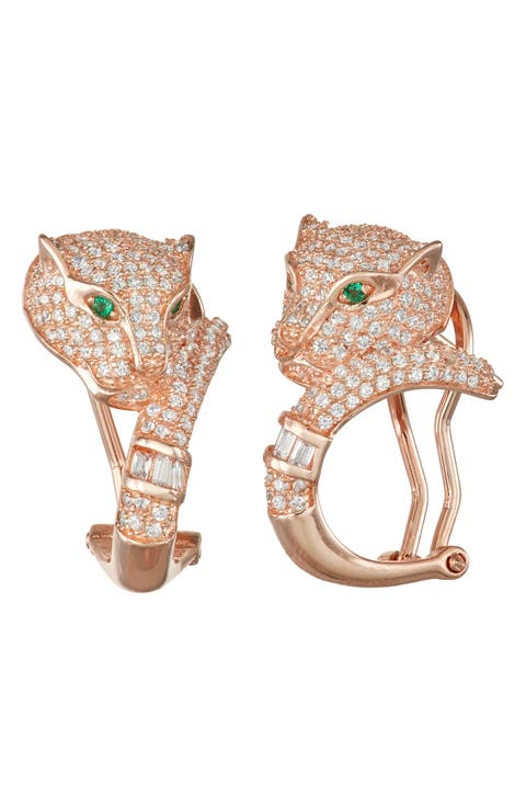 14K Rose Gold Over Silver CZ Panter Statement Hoop Earrings