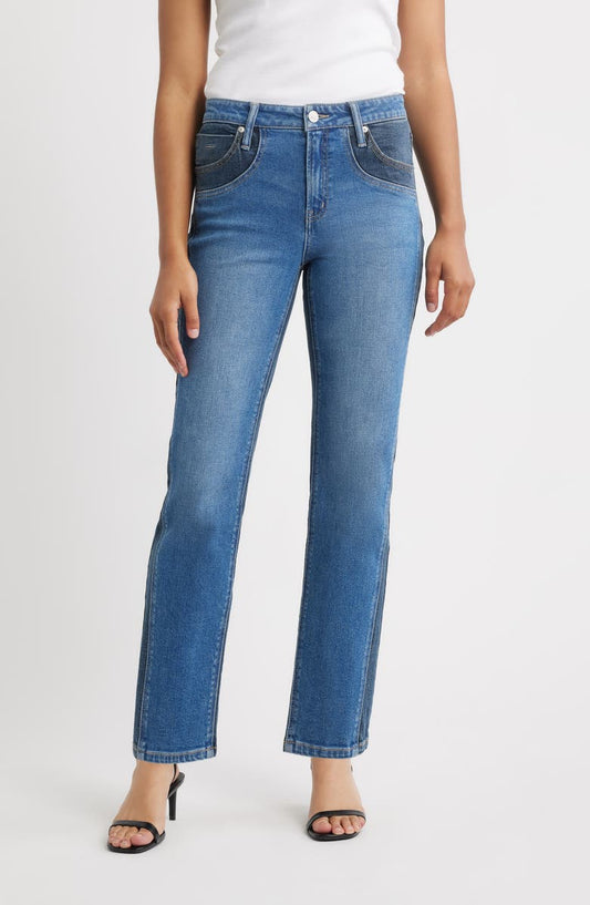 Two-Tone High Waist Straight Leg Jeans