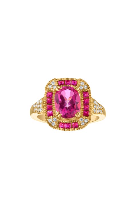 Anillo de Oro de 14K sobre Plata Topacio Rosa y Diamante