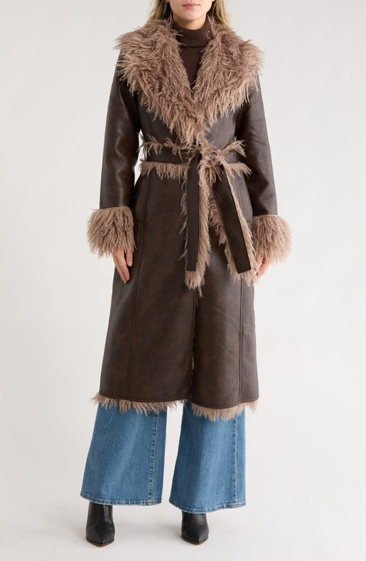 Faux Shearling Trim Faux Leather Coat