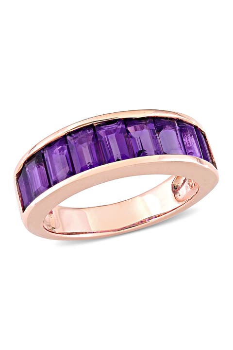 Anillo de amatista talla baguette chapado en oro rosa y engastado en canal