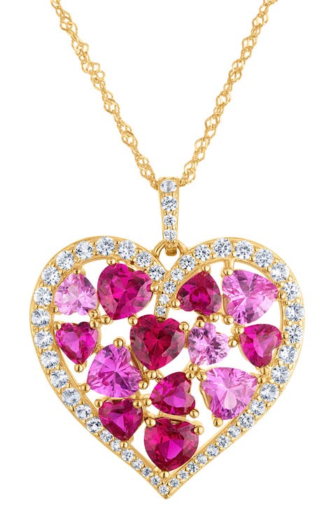 14K Gold Plated Sterling Silver Lab Created Pink Sapphire & Ruby Heart Pendant Necklace