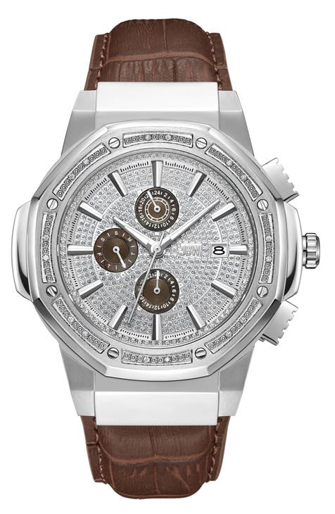 Reloj Saxon Diamond con correa de piel grabada, 44mm - 0.08 ctw