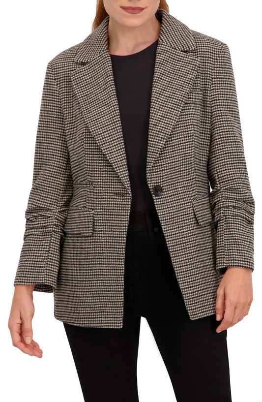 Houndstooth Ruched Sleeve Blazer