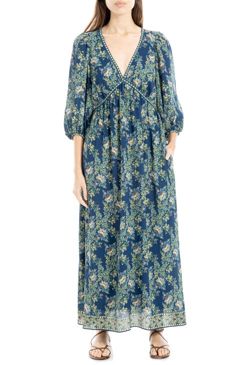 Vestido largo con manga globo y cintura imperial