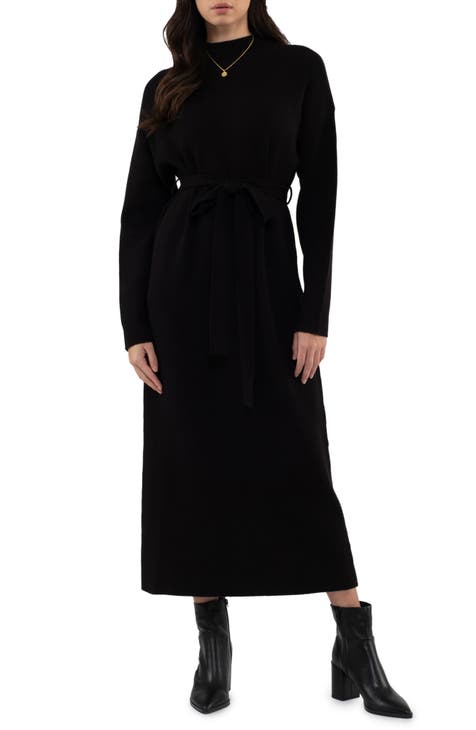 Vestido estilo suéter midi de manga larga con lazo en la cintura