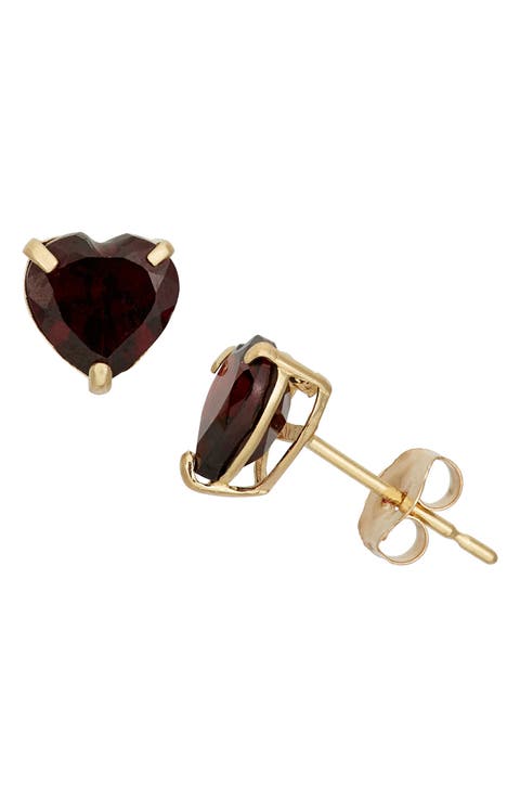 10K Gold Garnet Heart Stud Earrings