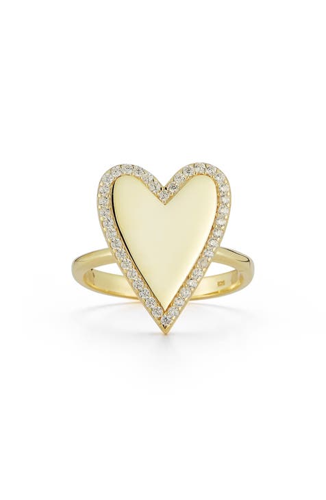 Anillo Corazón CZ Pavé de Plata de Ley Chapado en Oro Amarillo de 14 K - Talla 8