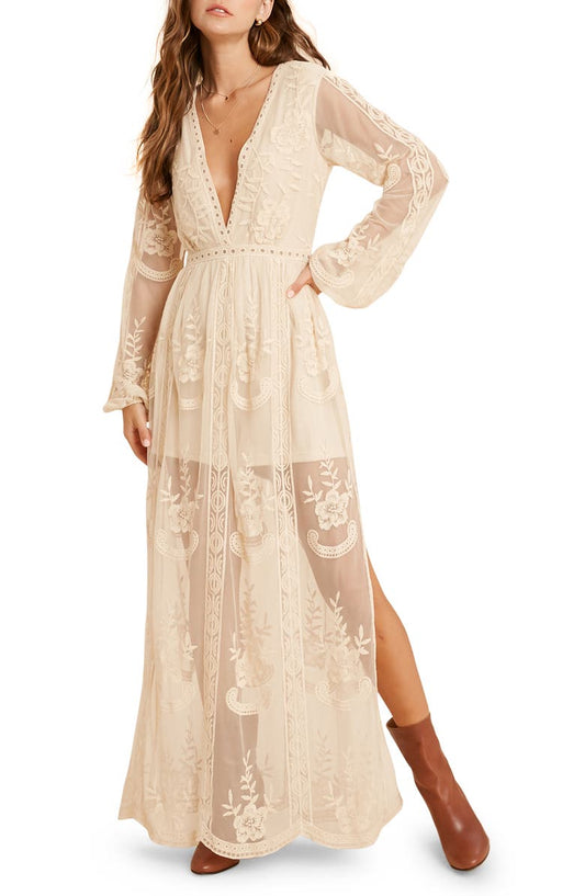 Floral Embroidered Long Sleeve Maxi Dress