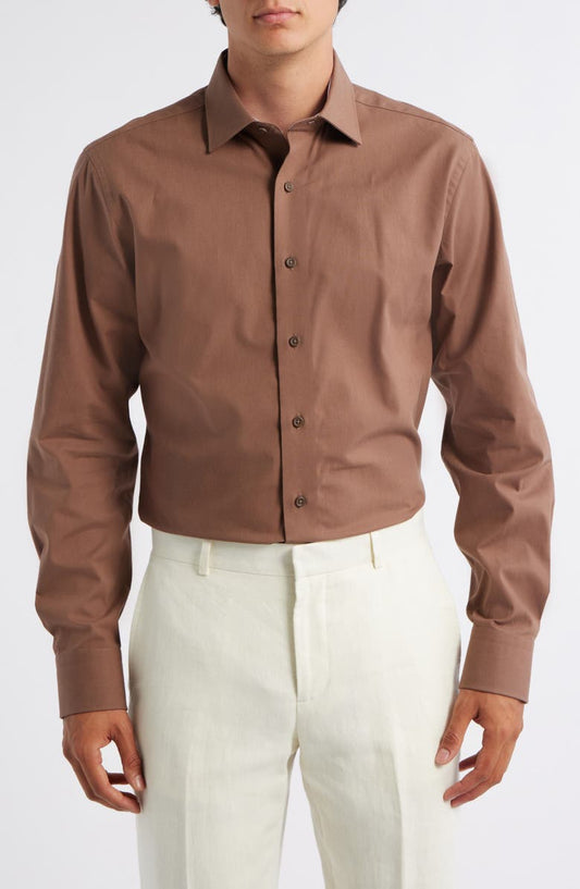 Trim Fit Solid Brown Cotton Dress Shirt (Regular & Big)