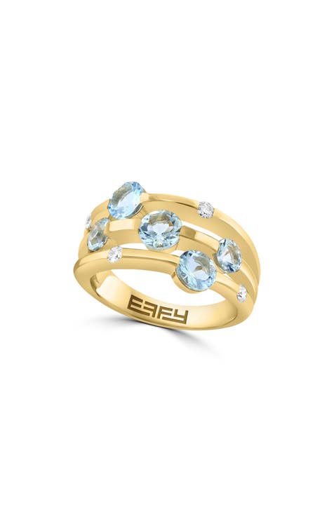Anillo Multibanda Aguamarina y Diamante Oro Amarillo 14K - 0.13ct.