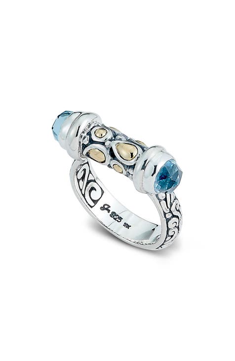Anillo Bala Topacio Azul Plata de Ley 18K Oro Amarillo