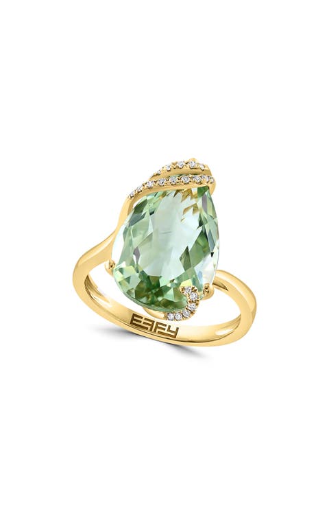 14K Yellow Gold Diamond Green Quartz Ring - Size 7 - 0.06ct.