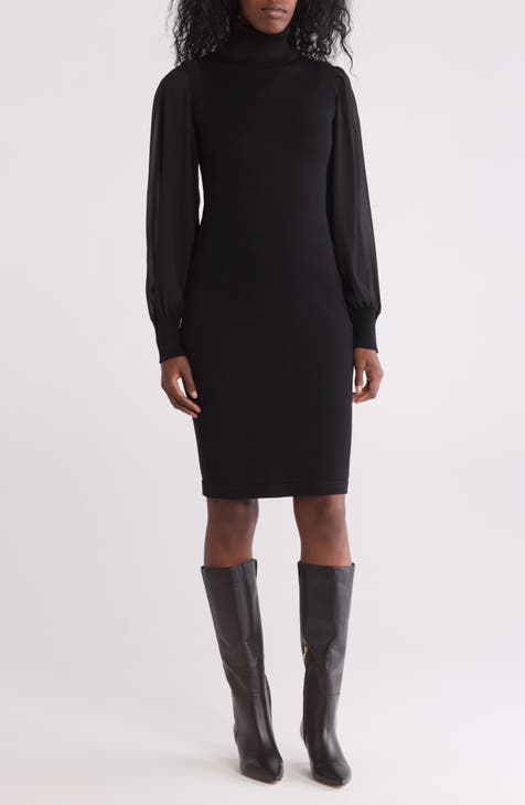 Vestido tubo con mangas de gasa y cuello alto