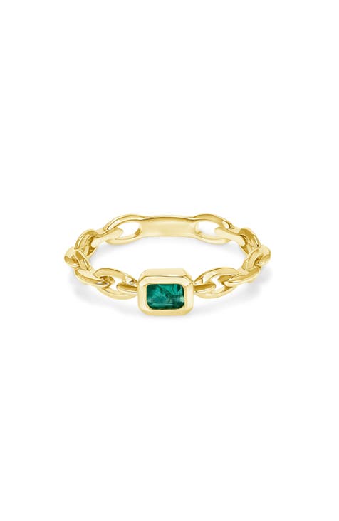 Anillo eslabón esmeralda talla baguette de oro amarillo de 14 quilates