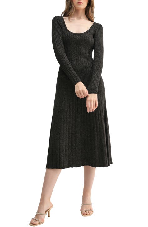 Vestido midi de canalé de manga larga